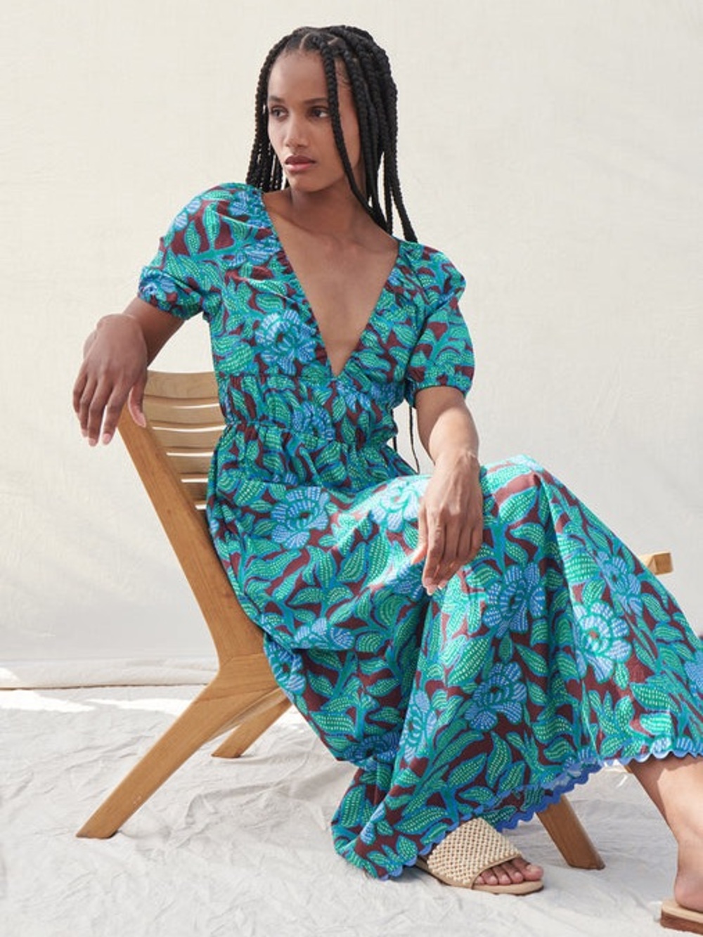 SAYLOR lincoln v-neck garden party maxi midi short sleeve floral leaf dress S